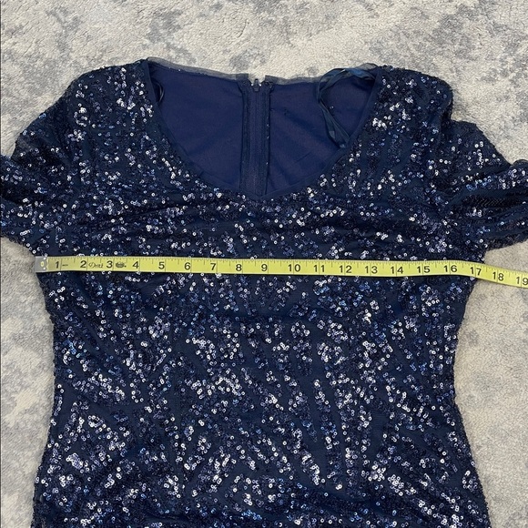 Marina Sequin Long Sleeve Shift Dress Modest Knee Length Navy Blue - Picture 7 of 10